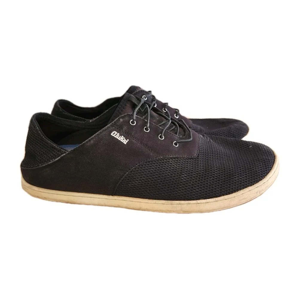 OluKai Nohea Moku Mens Sz 11 Black Mesh Boat Shoes Drop-In Heel Slip-On Loafers